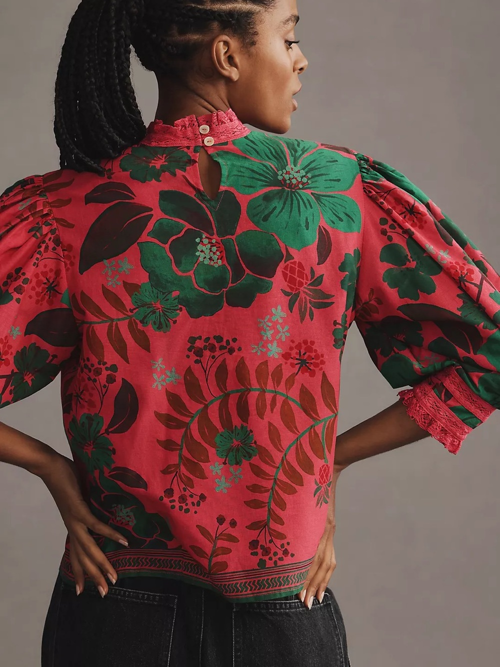 FARM Rio Red Floral Lace-Trim Puff Sleeve Blouse - Picture 3 of 6